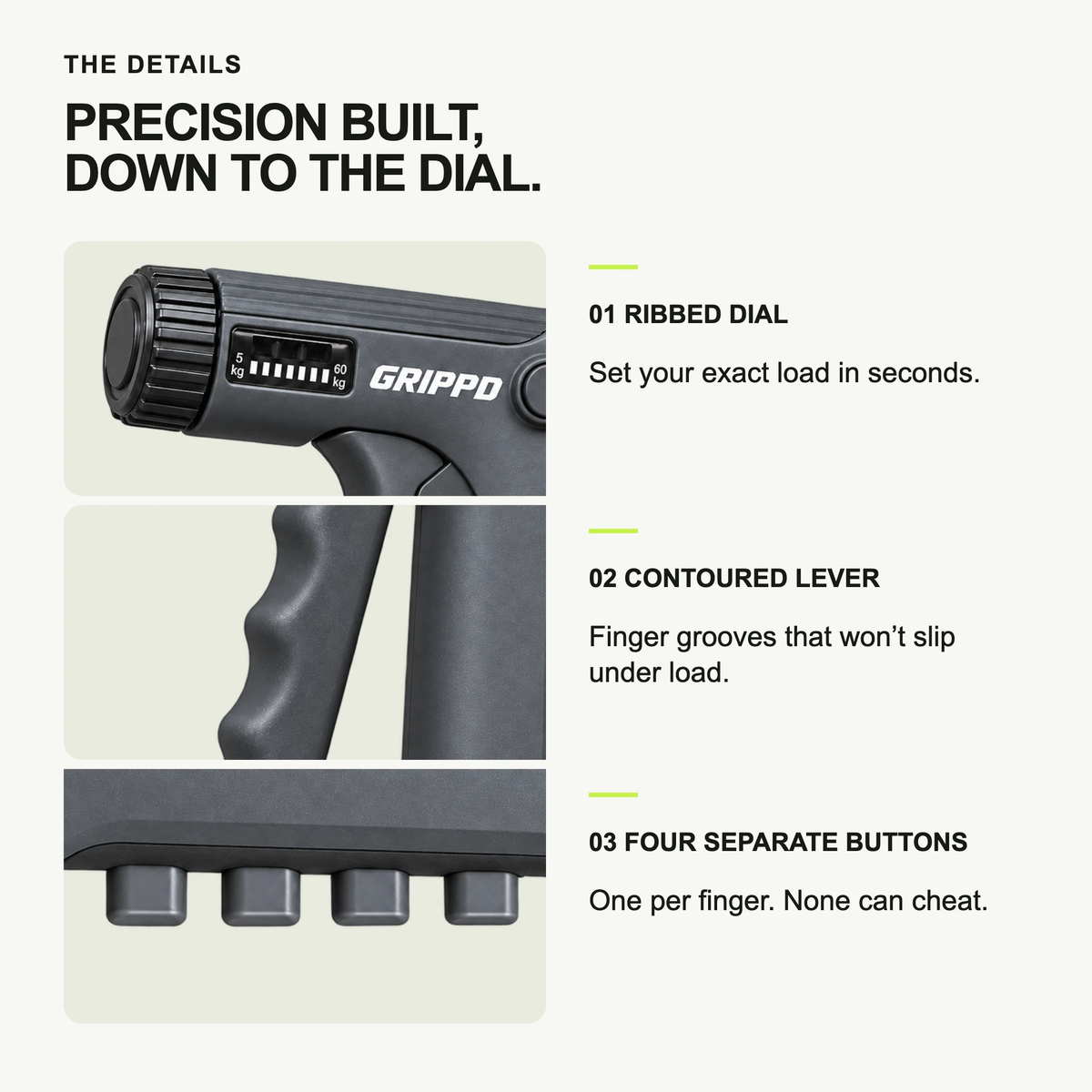GRIPPD Send Pro details: ribbed dial, contoured lever, four separate buttons