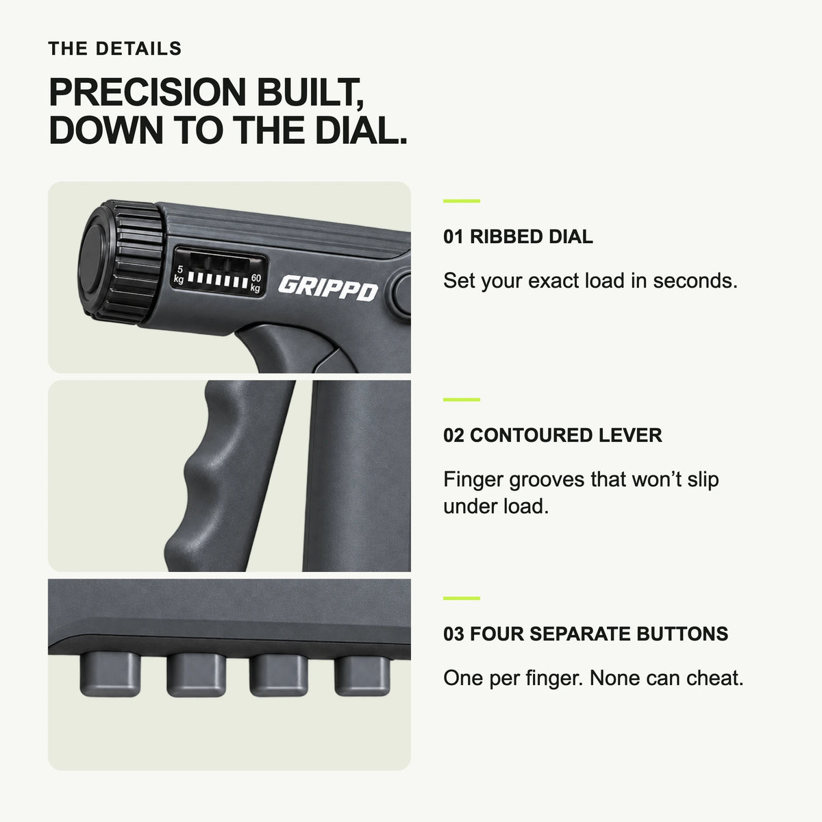 GRIPPD Send Pro details: ribbed dial, contoured lever, four separate buttons