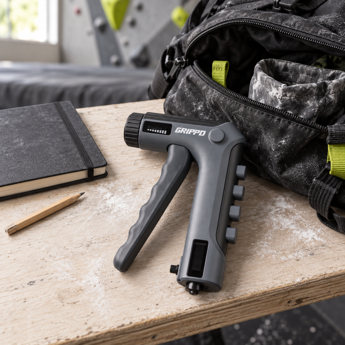 GRIPPD trainer beside a climbing bag and notebook